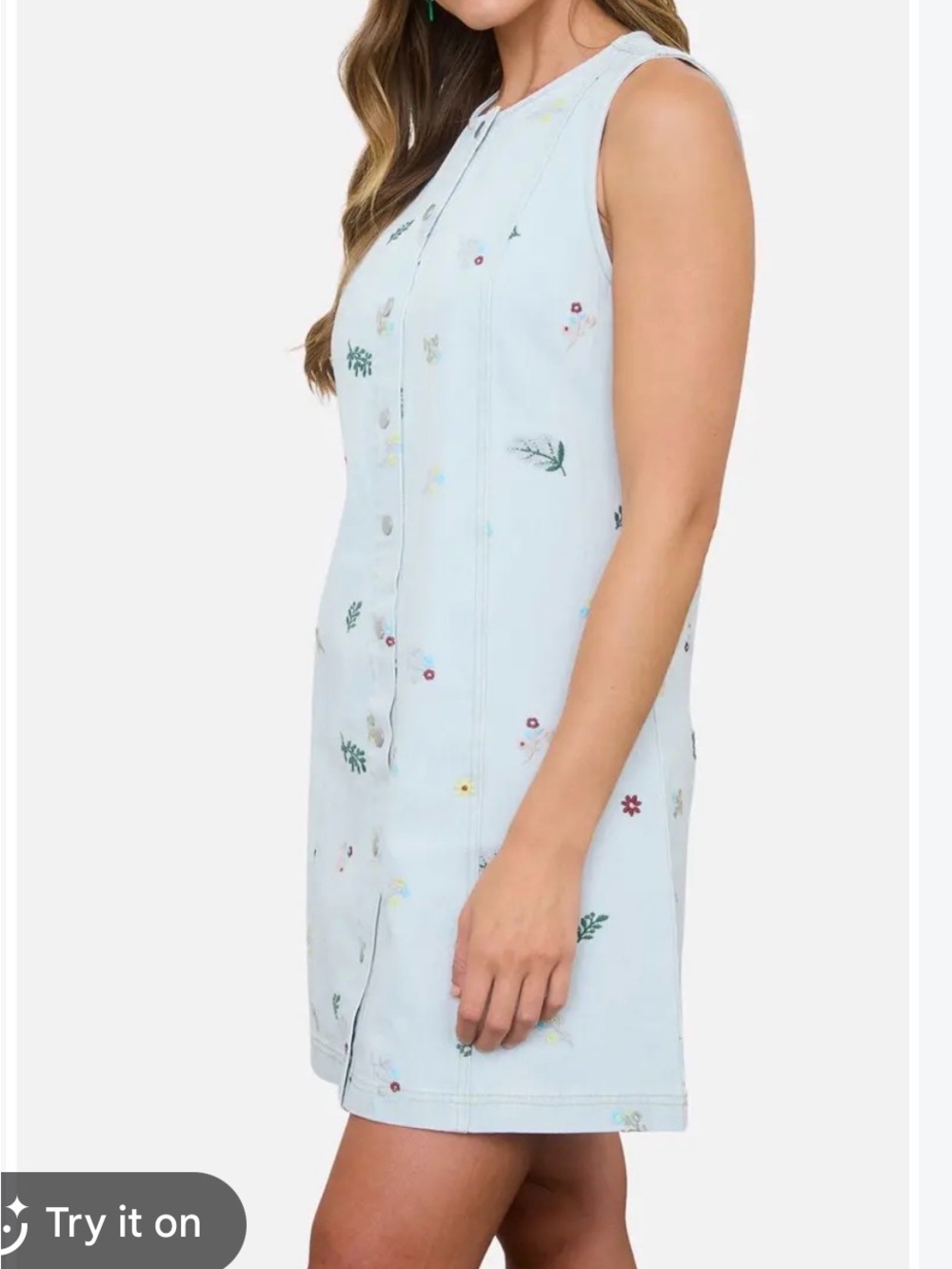 Blu Pepper Sleeveless Denim Mini Dress with Floral Embroidery